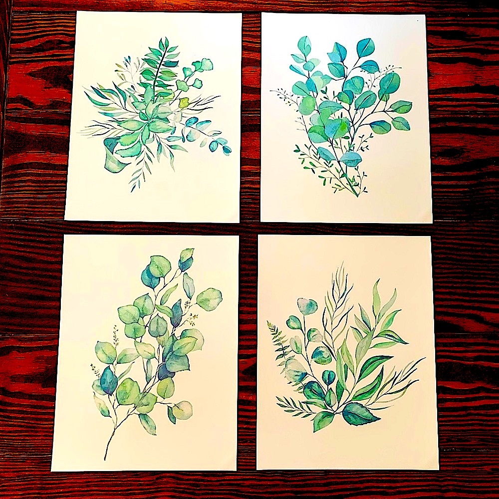 Four 8x10 Watercolor Eucalyptus Prints